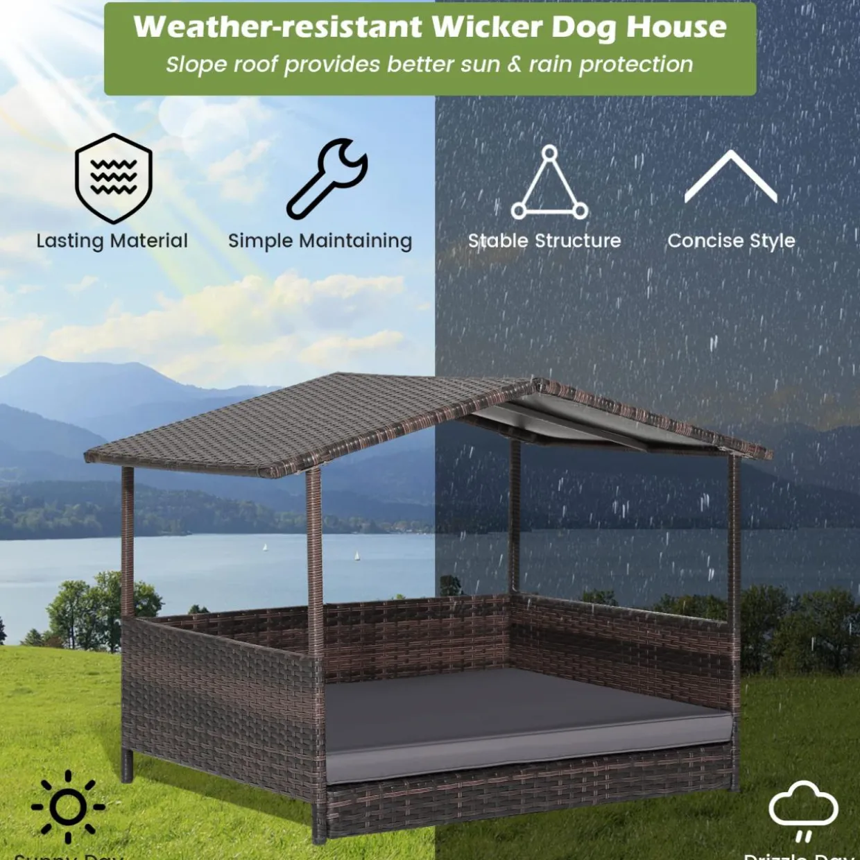 Tangkula Wicker Dog House, Indoor Outdoor Raised Rattan Dog Bed