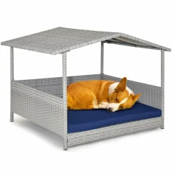 Tangkula Wicker Dog House, Indoor Outdoor Raised Rattan Dog Bed