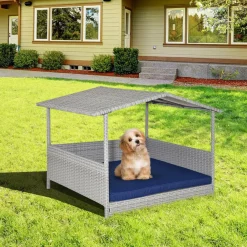 Tangkula Wicker Dog House, Indoor Outdoor Raised Rattan Dog Bed