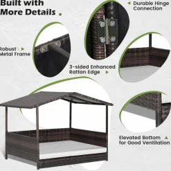 Tangkula Wicker Dog House, Indoor Outdoor Raised Rattan Dog Bed