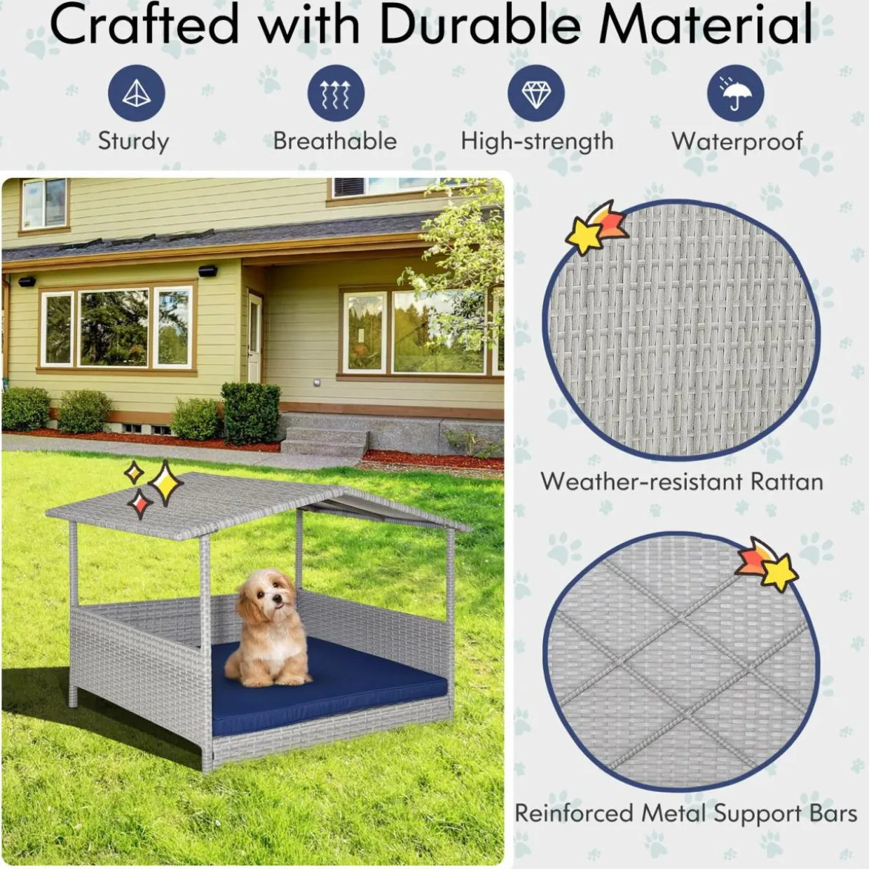 Tangkula Wicker Dog House, Indoor Outdoor Raised Rattan Dog Bed