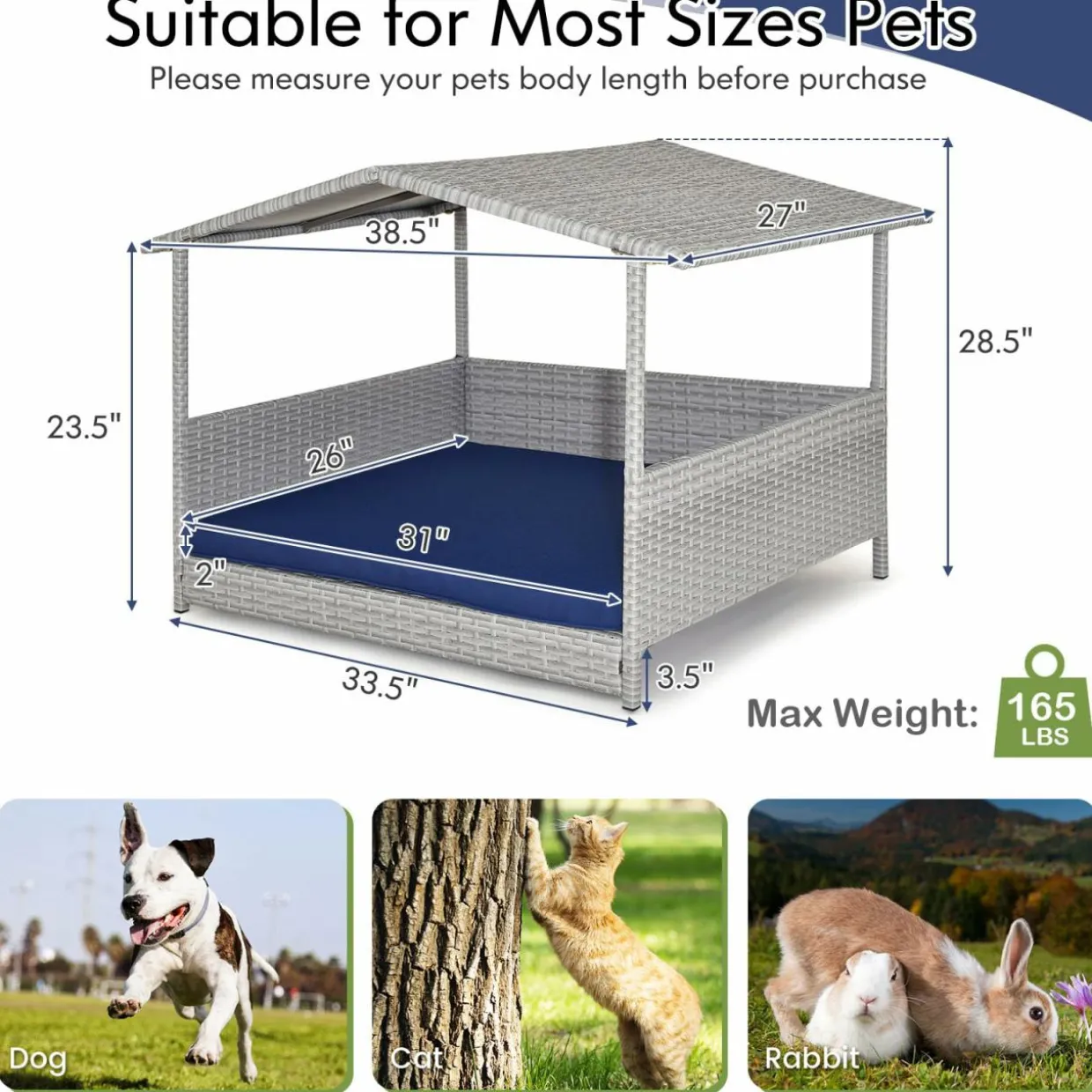 Tangkula Wicker Dog House, Indoor Outdoor Raised Rattan Dog Bed