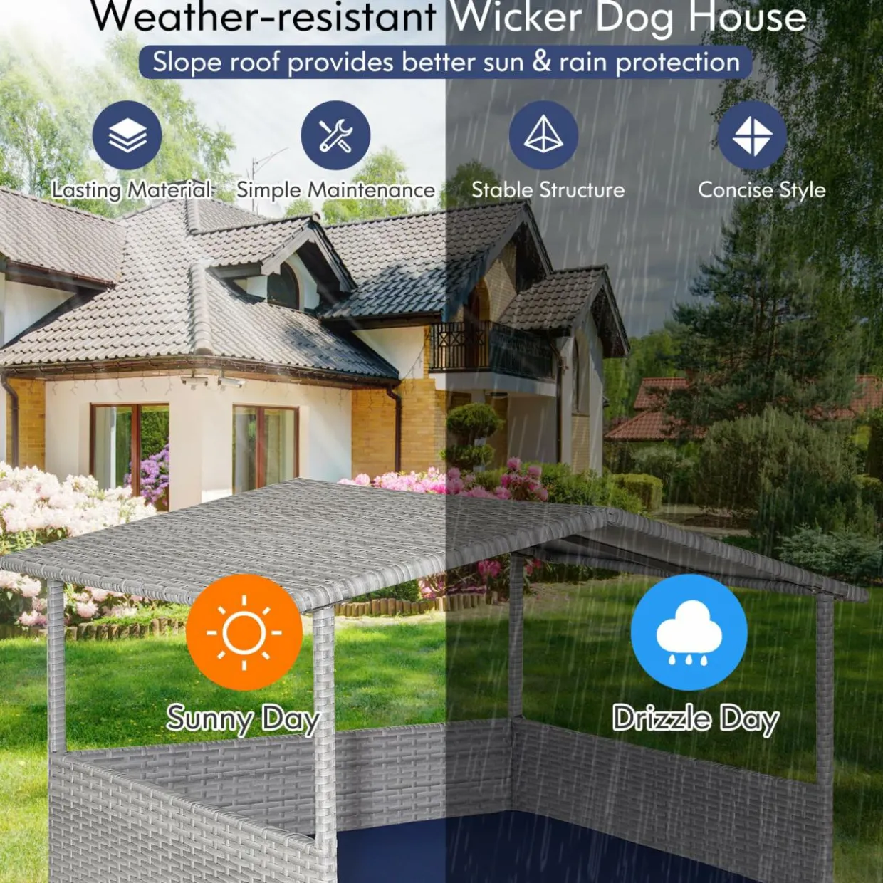 Tangkula Wicker Dog House, Indoor Outdoor Raised Rattan Dog Bed