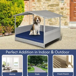 Tangkula Wicker Dog House, Indoor Outdoor Raised Rattan Dog Bed