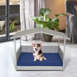 Tangkula Wicker Dog House, Indoor Outdoor Raised Rattan Dog Bed