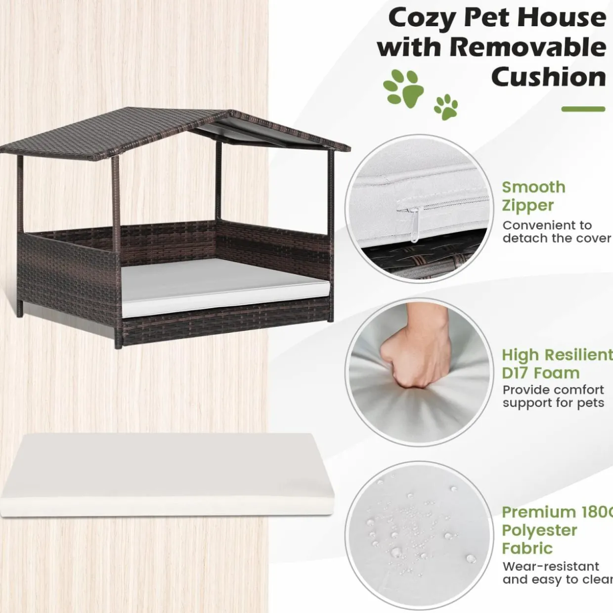 Tangkula Wicker Dog House, Indoor Outdoor Raised Rattan Dog Bed