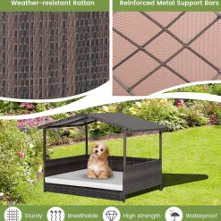 Tangkula Wicker Dog House, Indoor Outdoor Raised Rattan Dog Bed