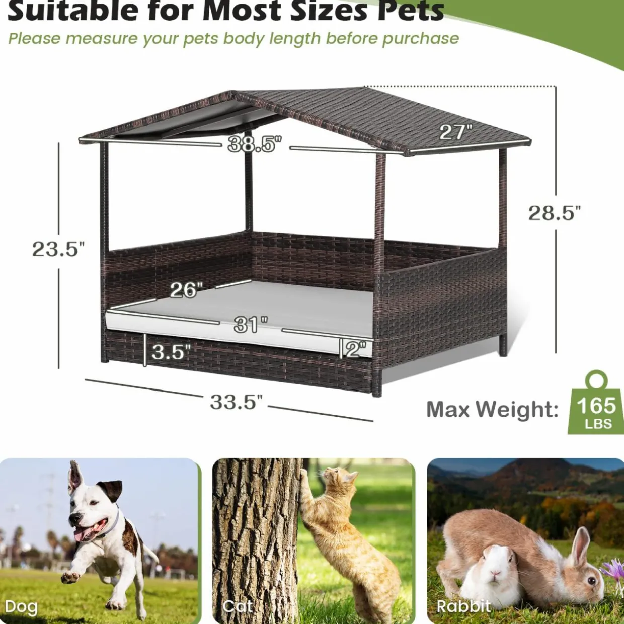 Tangkula Wicker Dog House, Indoor Outdoor Raised Rattan Dog Bed
