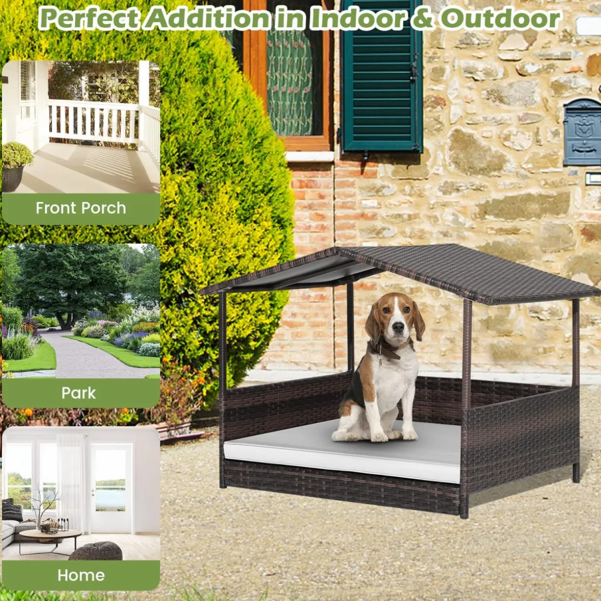 Tangkula Wicker Dog House, Indoor Outdoor Raised Rattan Dog Bed