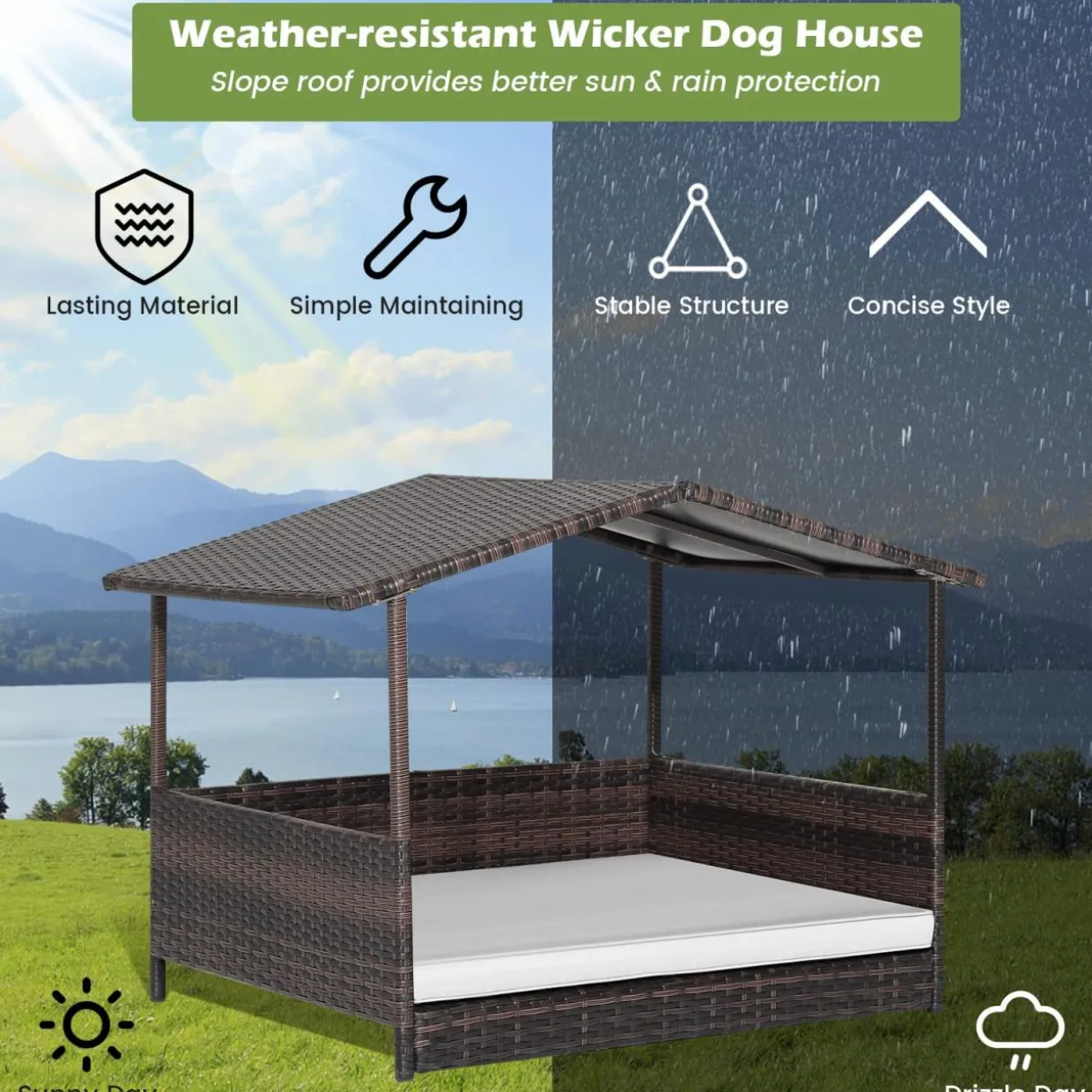Tangkula Wicker Dog House, Indoor Outdoor Raised Rattan Dog Bed