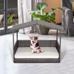 Tangkula Wicker Dog House, Indoor Outdoor Raised Rattan Dog Bed