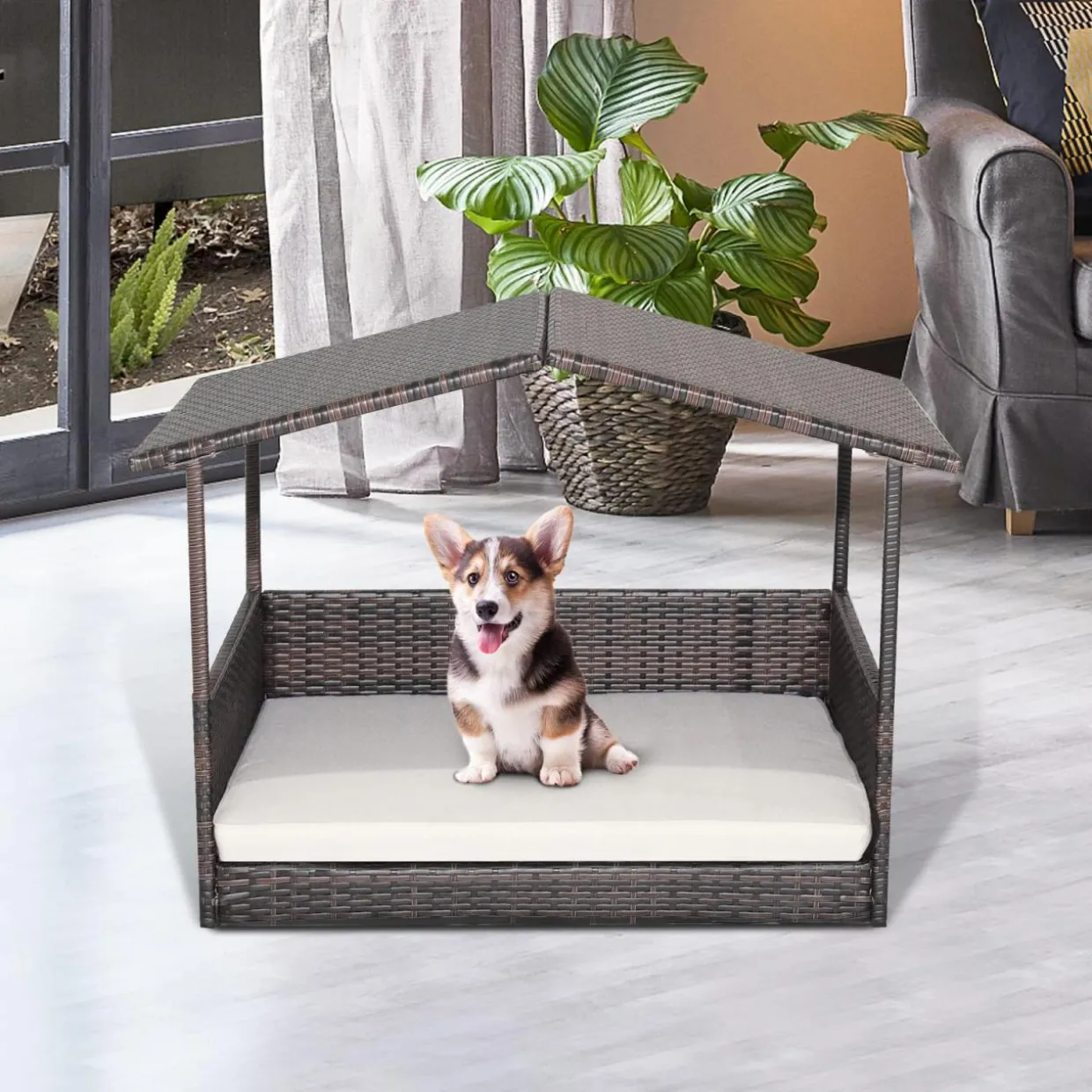 Tangkula Wicker Dog House, Indoor Outdoor Raised Rattan Dog Bed