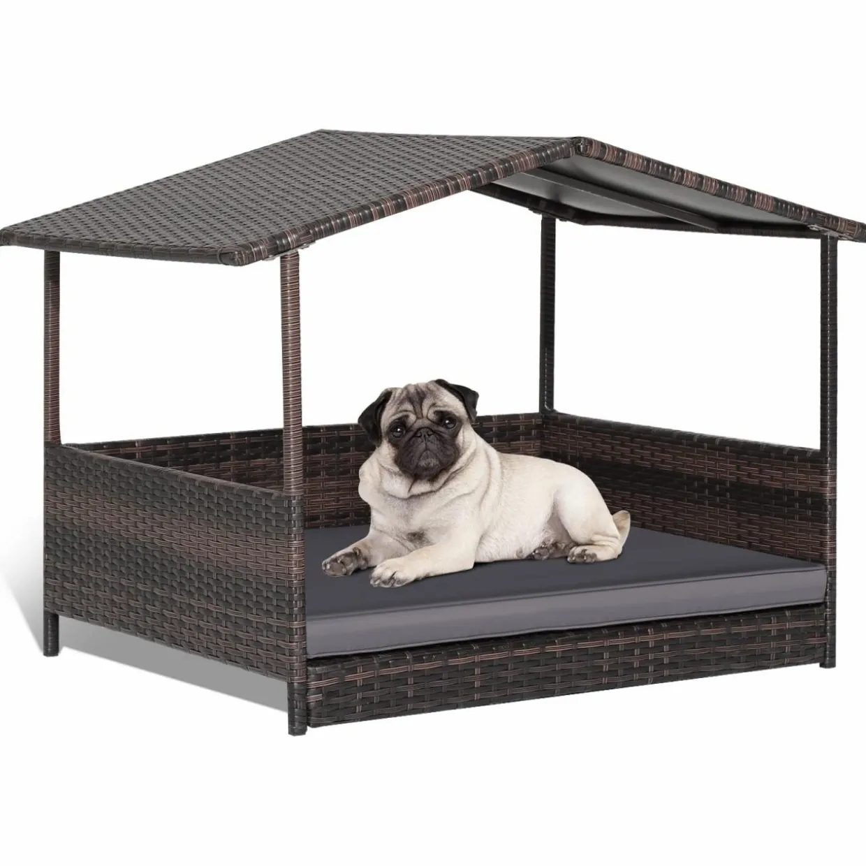 Tangkula Wicker Dog House, Indoor Outdoor Raised Rattan Dog Bed