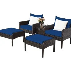Tangkula Wicker Furniture Set 5 Pieces PE Wicker Rattan Outdoor All Weather Cushioned Sofas and Ottoman Set