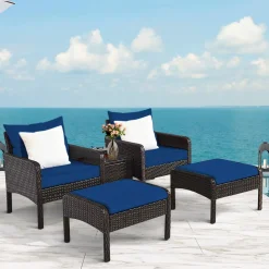 Tangkula Wicker Furniture Set 5 Pieces PE Wicker Rattan Outdoor All Weather Cushioned Sofas and Ottoman Set