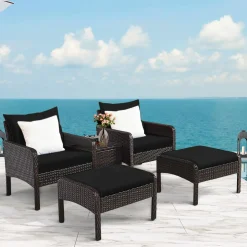 Tangkula Wicker Furniture Set 5 Pieces PE Wicker Rattan Outdoor All Weather Cushioned Sofas and Ottoman Set