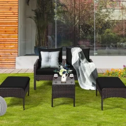 Tangkula Wicker Furniture Set 5 Pieces PE Wicker Rattan Outdoor All Weather Cushioned Sofas and Ottoman Set
