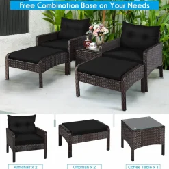 Tangkula Wicker Furniture Set 5 Pieces PE Wicker Rattan Outdoor All Weather Cushioned Sofas and Ottoman Set