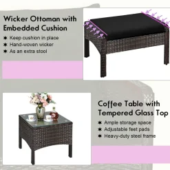 Tangkula Wicker Furniture Set 5 Pieces PE Wicker Rattan Outdoor All Weather Cushioned Sofas and Ottoman Set