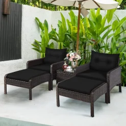 Tangkula Wicker Furniture Set 5 Pieces PE Wicker Rattan Outdoor All Weather Cushioned Sofas and Ottoman Set