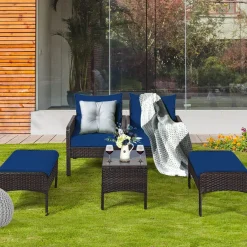 Tangkula Wicker Furniture Set 5 Pieces PE Wicker Rattan Outdoor All Weather Cushioned Sofas and Ottoman Set
