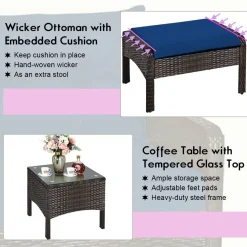 Tangkula Wicker Furniture Set 5 Pieces PE Wicker Rattan Outdoor All Weather Cushioned Sofas and Ottoman Set