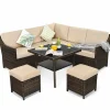 Tangkula Wicker Outdoor Dining Set, 6 Piece PE Rattan Wicker Sectional Corner Sofa Set with Dining Table, 2 Ottomans, Suitable for Garden
