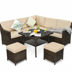 Tangkula Wicker Outdoor Dining Set, 6 Piece PE Rattan Wicker Sectional Corner Sofa Set with Dining Table, 2 Ottomans, Suitable for Garden