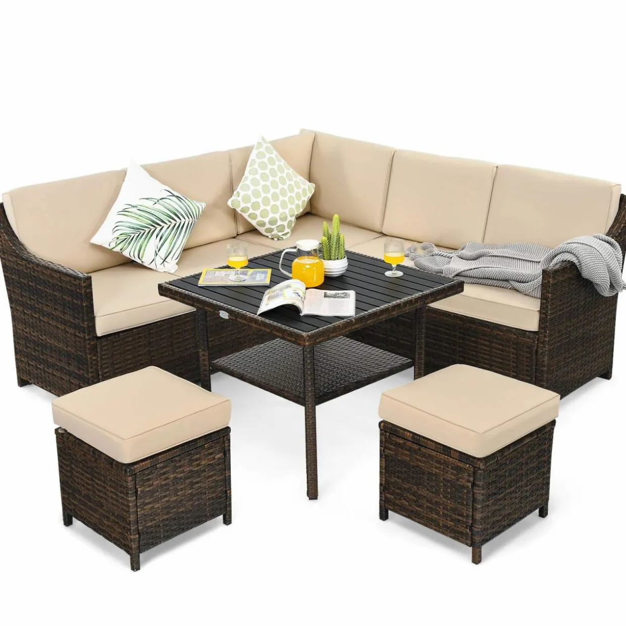 Tangkula Wicker Outdoor Dining Set, 6 Piece PE Rattan Wicker Sectional Corner Sofa Set with Dining Table, 2 Ottomans, Suitable for Garden
