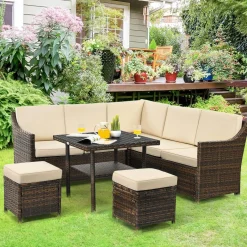 Tangkula Wicker Outdoor Dining Set, 6 Piece PE Rattan Wicker Sectional Corner Sofa Set with Dining Table, 2 Ottomans, Suitable for Garden