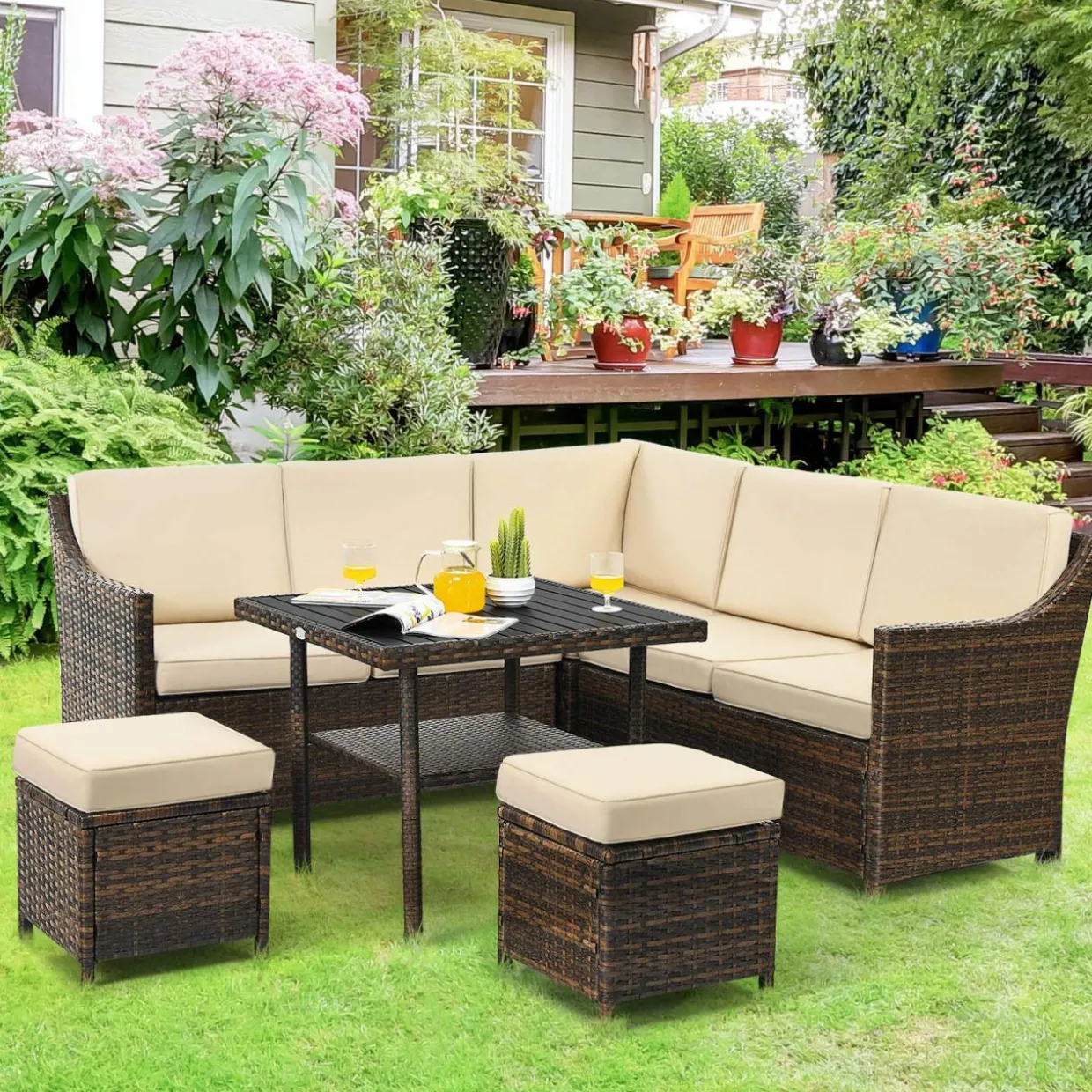 Tangkula Wicker Outdoor Dining Set, 6 Piece PE Rattan Wicker Sectional Corner Sofa Set with Dining Table, 2 Ottomans, Suitable for Garden