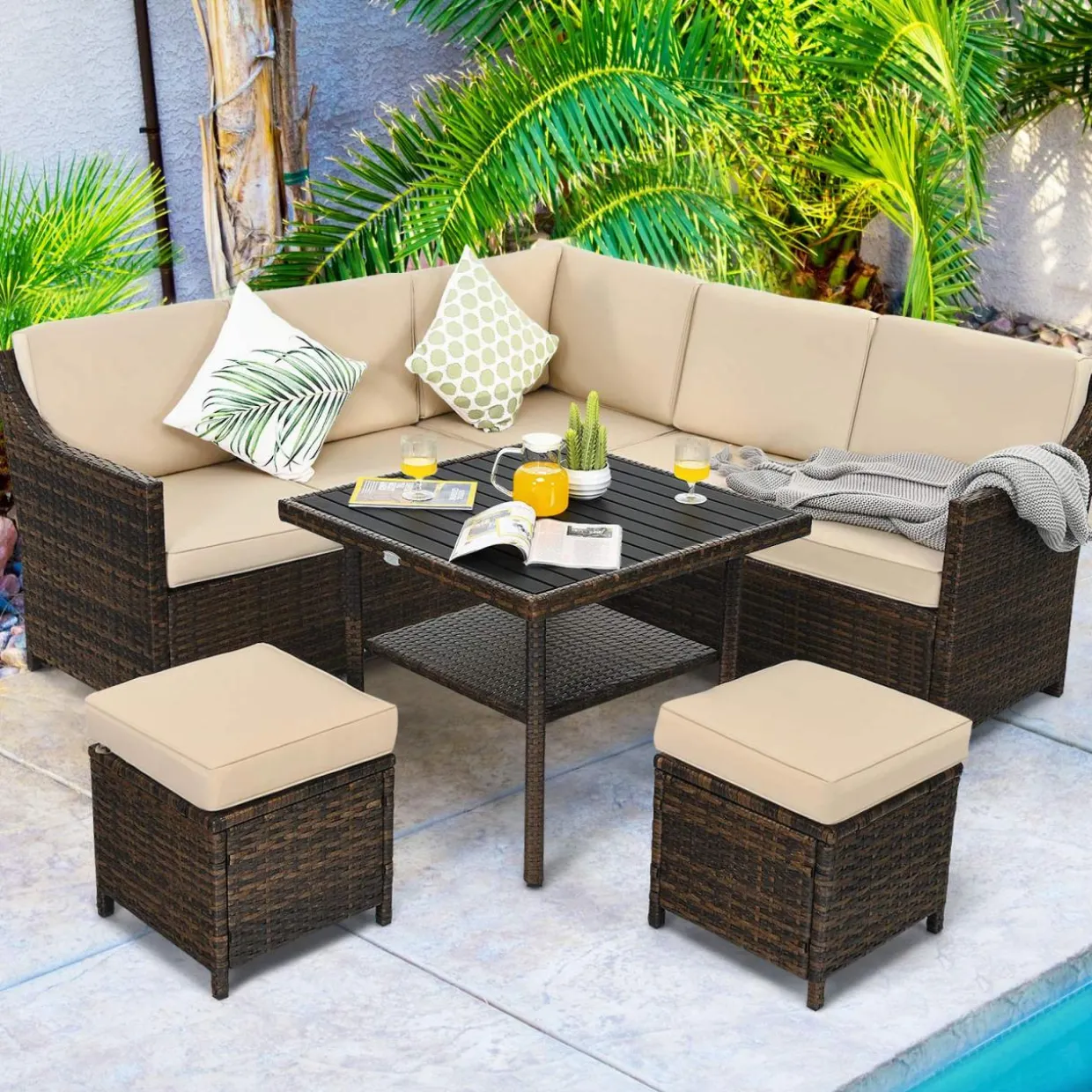 Tangkula Wicker Outdoor Dining Set, 6 Piece PE Rattan Wicker Sectional Corner Sofa Set with Dining Table, 2 Ottomans, Suitable for Garden