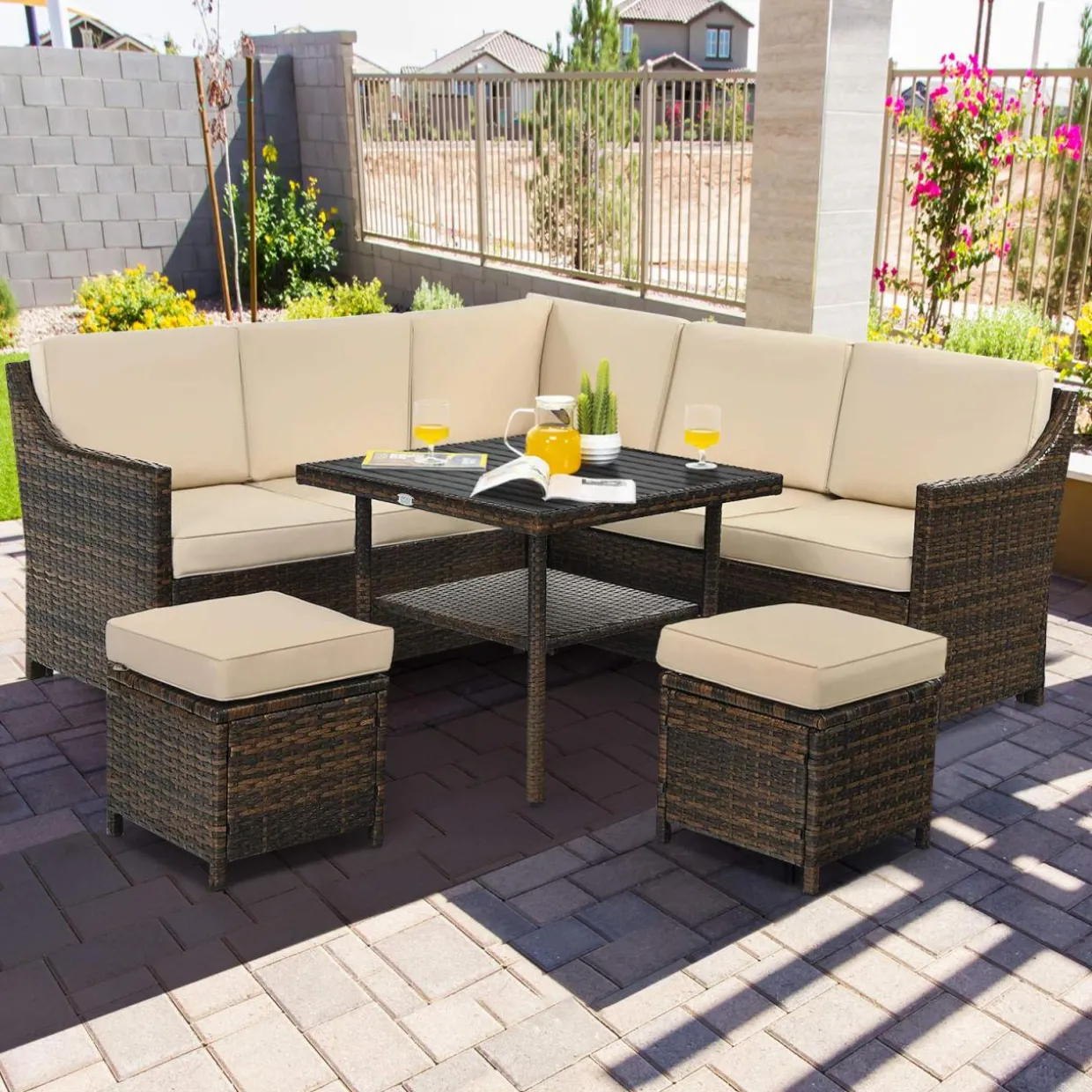 Tangkula Wicker Outdoor Dining Set, 6 Piece PE Rattan Wicker Sectional Corner Sofa Set with Dining Table, 2 Ottomans, Suitable for Garden