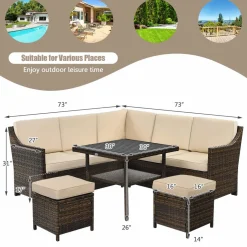 Tangkula Wicker Outdoor Dining Set, 6 Piece PE Rattan Wicker Sectional Corner Sofa Set with Dining Table, 2 Ottomans, Suitable for Garden