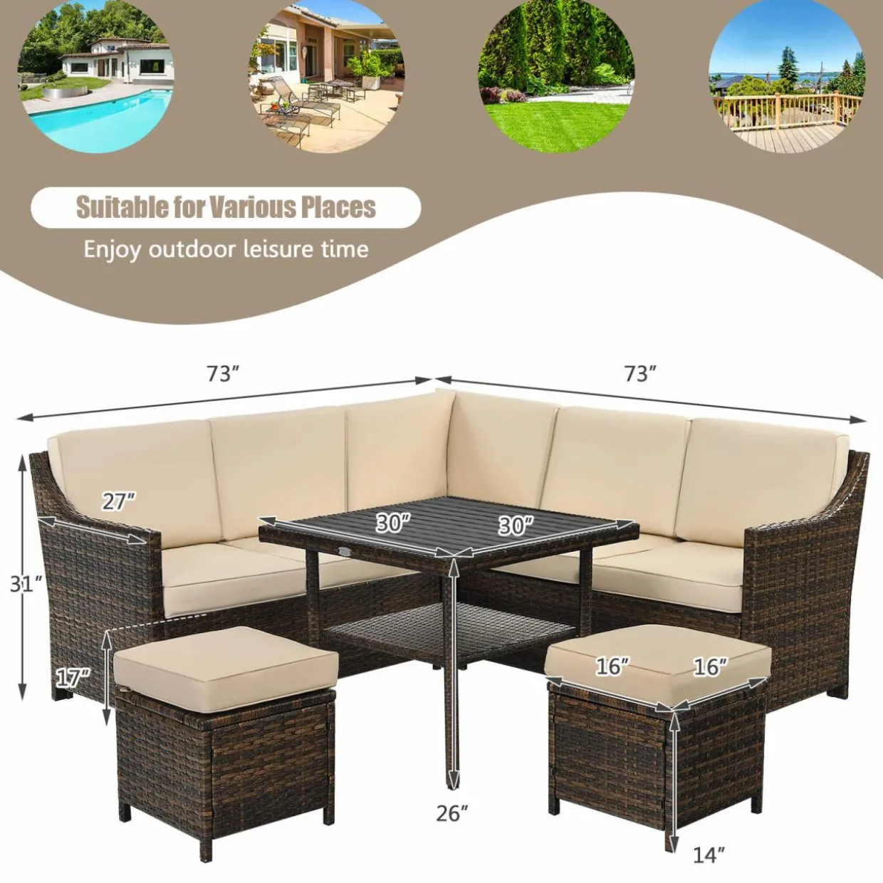 Tangkula Wicker Outdoor Dining Set, 6 Piece PE Rattan Wicker Sectional Corner Sofa Set with Dining Table, 2 Ottomans, Suitable for Garden