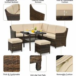 Tangkula Wicker Outdoor Dining Set, 6 Piece PE Rattan Wicker Sectional Corner Sofa Set with Dining Table, 2 Ottomans, Suitable for Garden