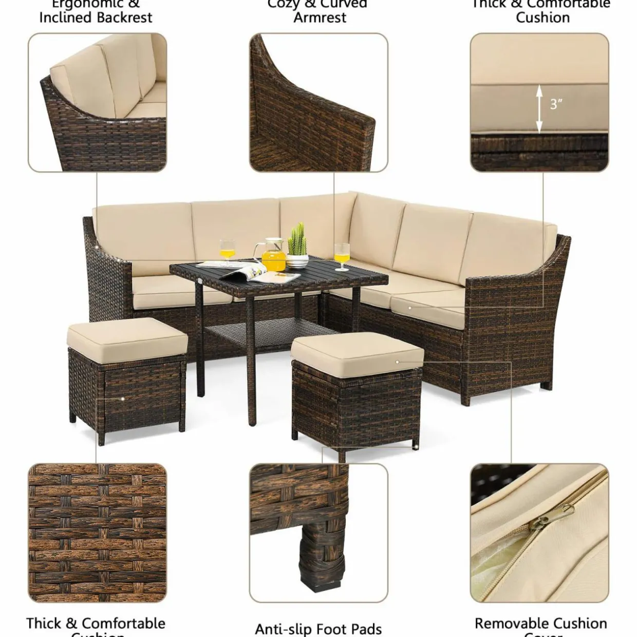 Tangkula Wicker Outdoor Dining Set, 6 Piece PE Rattan Wicker Sectional Corner Sofa Set with Dining Table, 2 Ottomans, Suitable for Garden