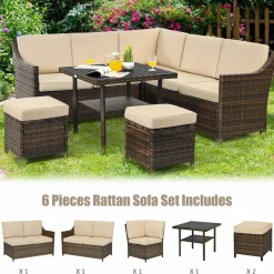 Tangkula Wicker Outdoor Dining Set, 6 Piece PE Rattan Wicker Sectional Corner Sofa Set with Dining Table, 2 Ottomans, Suitable for Garden