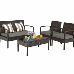 Tangkula Wicker Patio Conversation Furniture Set, Outdoor Rattan Chair and Table Set