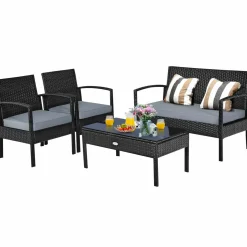Tangkula Wicker Patio Conversation Furniture Set, Outdoor Rattan Chair and Table Set