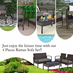 Tangkula Wicker Patio Conversation Furniture Set, Outdoor Rattan Chair and Table Set