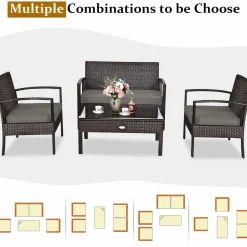 Tangkula Wicker Patio Conversation Furniture Set, Outdoor Rattan Chair and Table Set