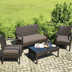 Tangkula Wicker Patio Conversation Furniture Set, Outdoor Rattan Chair and Table Set
