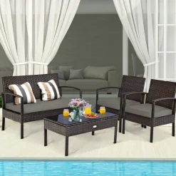 Tangkula Wicker Patio Conversation Furniture Set, Outdoor Rattan Chair and Table Set
