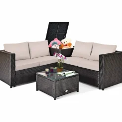 Tangkula Wicker Patio Set with Storage, All Weather-Proof Outdoor Conversation Set
