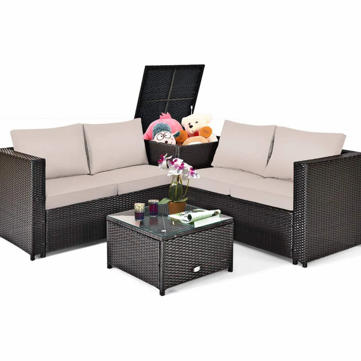Tangkula Wicker Patio Set with Storage, All Weather-Proof Outdoor Conversation Set