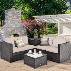 Tangkula Wicker Patio Set with Storage, All Weather-Proof Outdoor Conversation Set