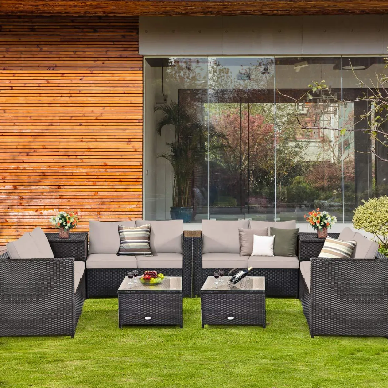 Tangkula Wicker Patio Set with Storage, All Weather-Proof Outdoor Conversation Set