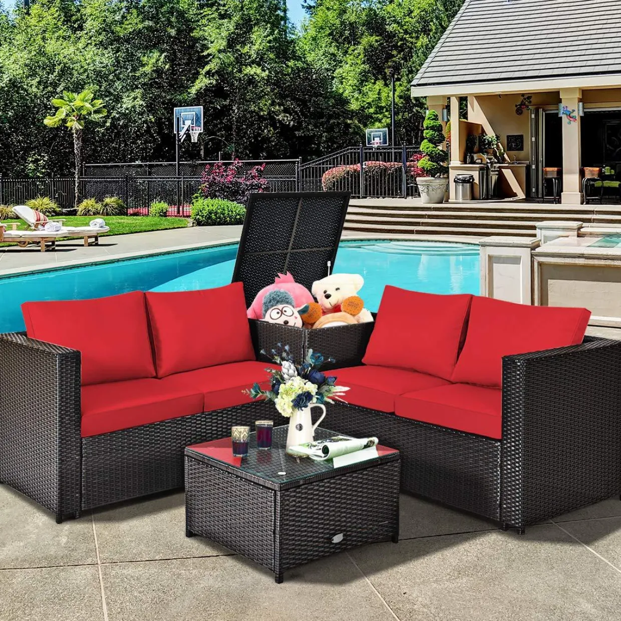 Tangkula Wicker Patio Set with Storage, All Weather-Proof Outdoor Conversation Set