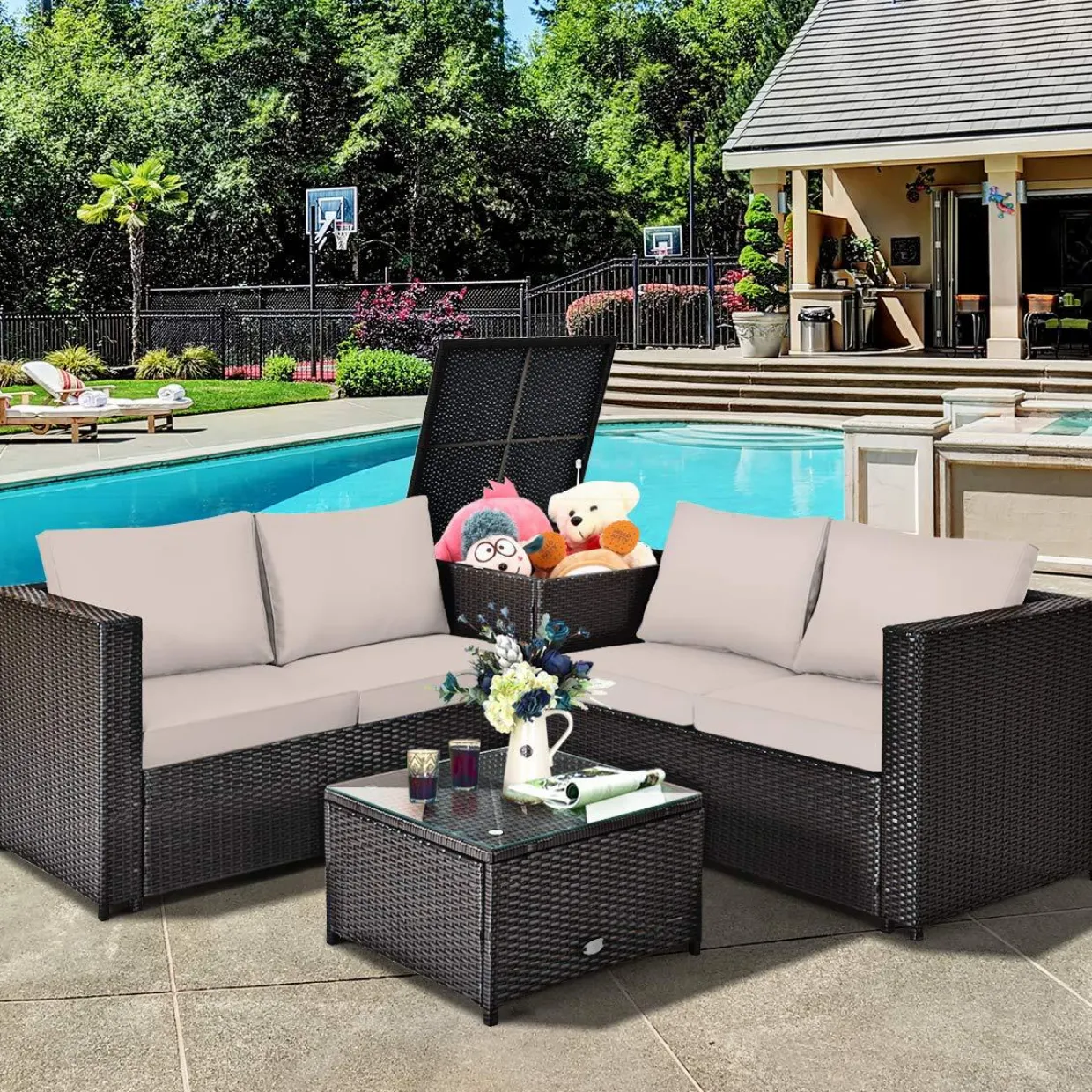 Tangkula Wicker Patio Set with Storage, All Weather-Proof Outdoor Conversation Set